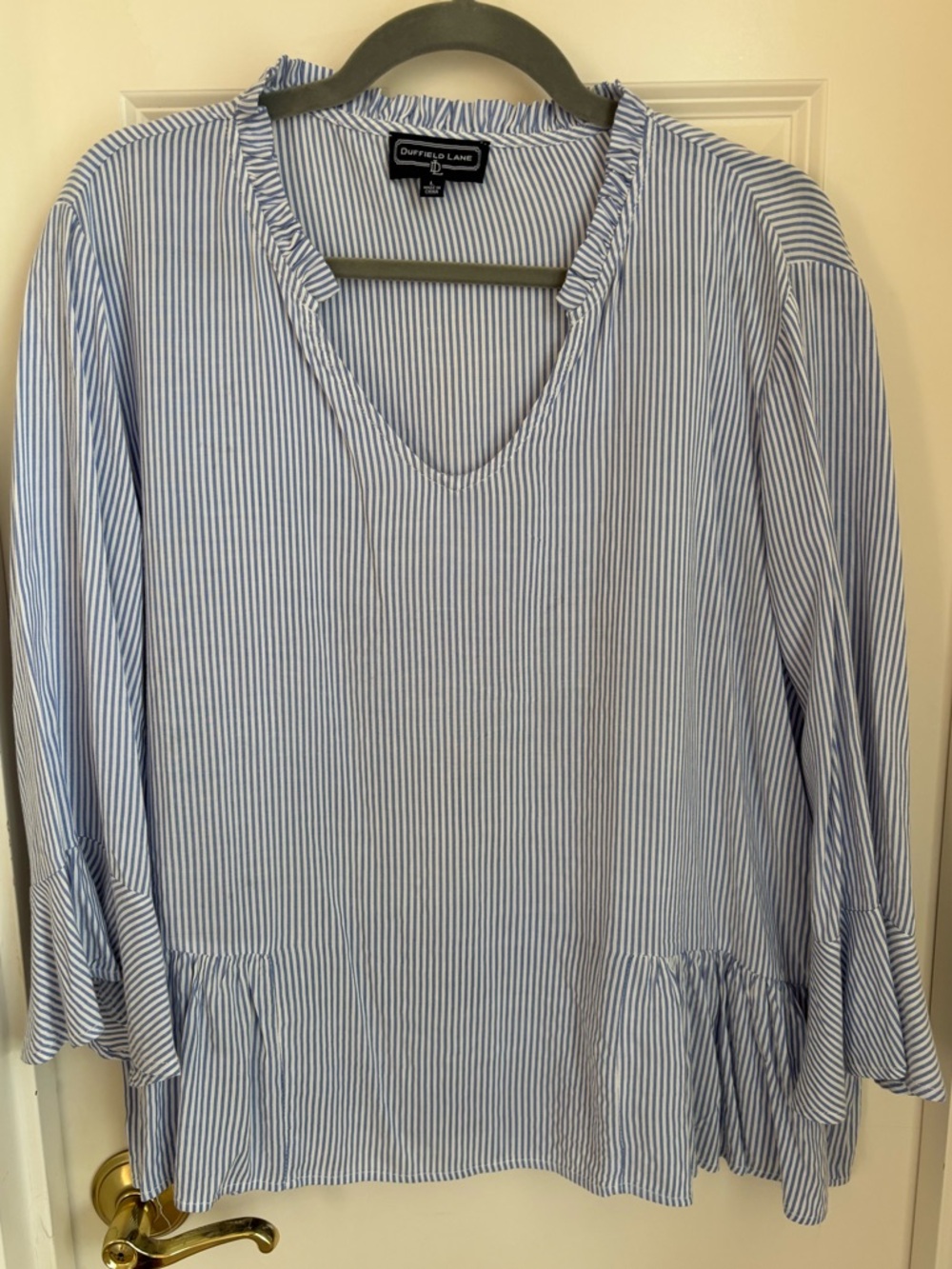 Duffield Lane Blue and White Striped Peplum Blouse with Ruffled Sleeve -size L
